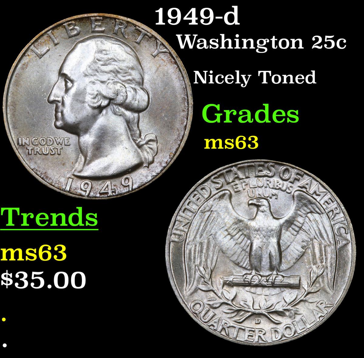 1949-d Washington Quarter 25c Grades Select Unc