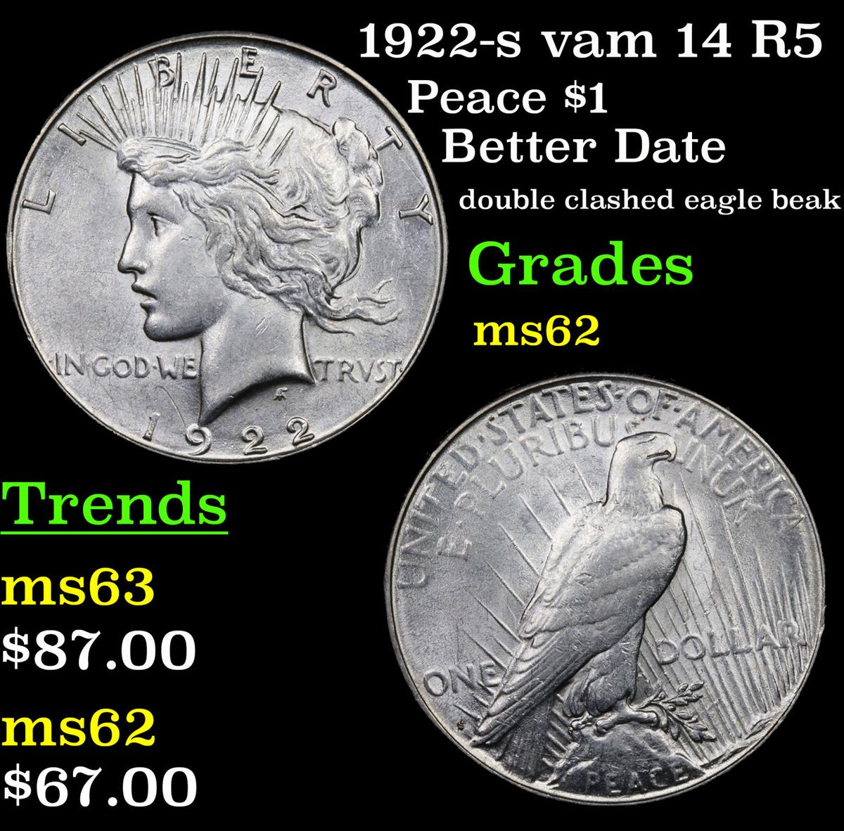 1922-s vam 14 R5 Peace Dollar $1 Grades Select Unc