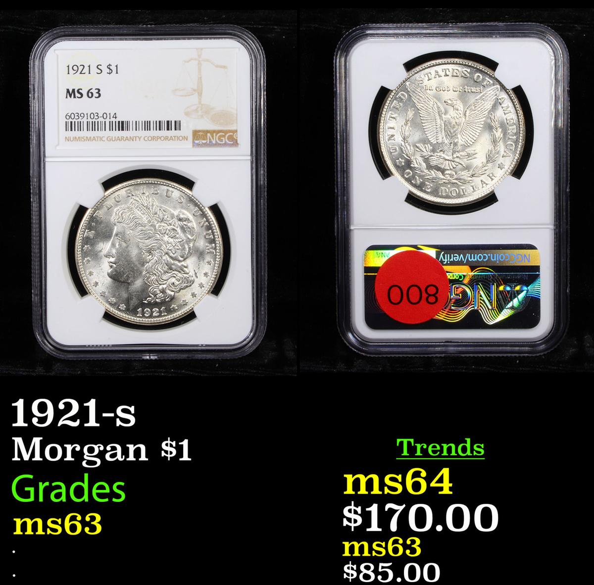 NGC 1921-s Morgan Dollar $1 Graded ms63 By NGC