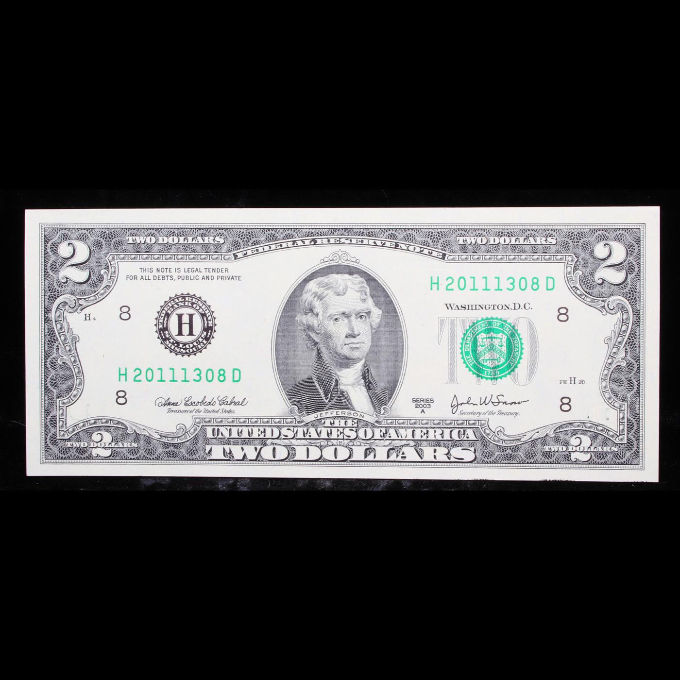 2003a $2 Green Seal Federal Reserve Note (San Francisco, CA) Grades Gem++ CU
