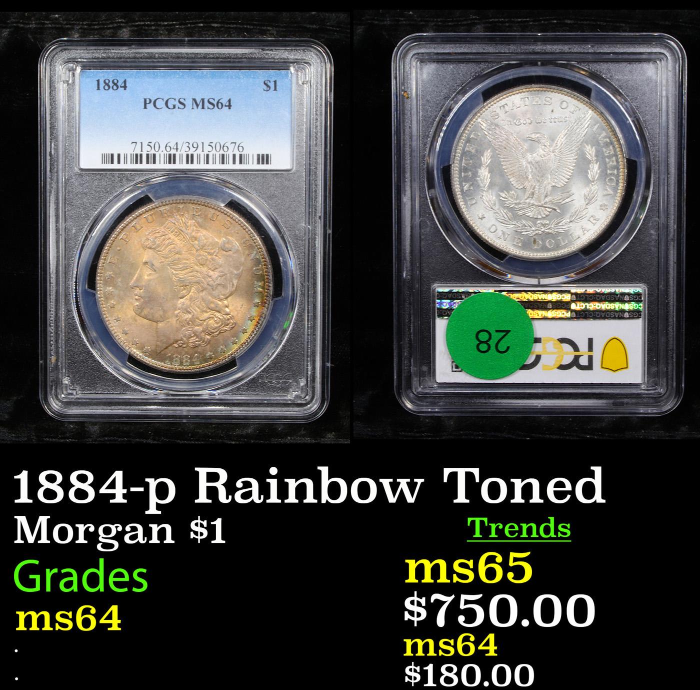 PCGS 1884-p Rainbow Toned Morgan Dollar $1 Graded ms64 By PCGS
