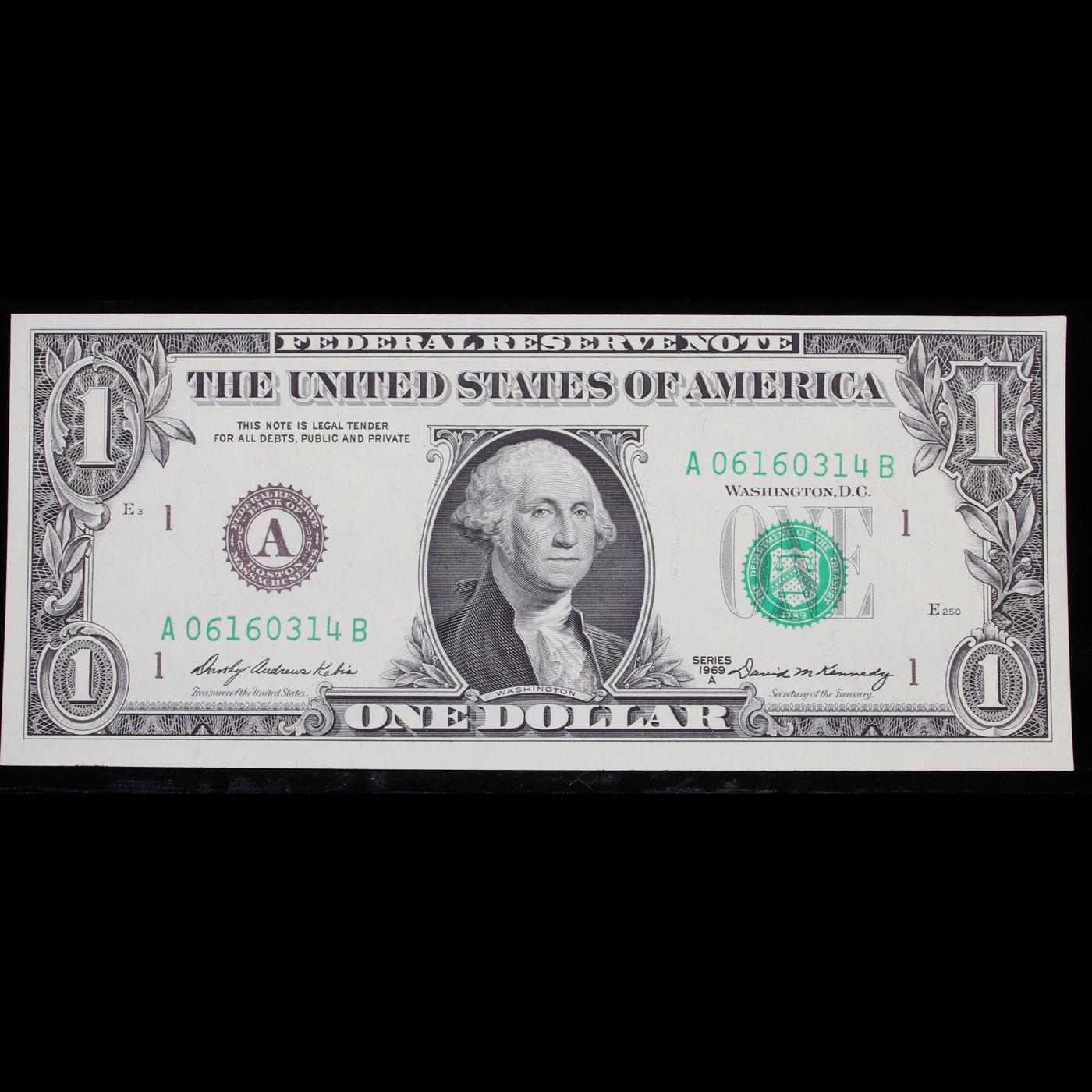 1969A $1 Green Seal Federal Reserve Note (Boston, MA) Grades Gem++ CU