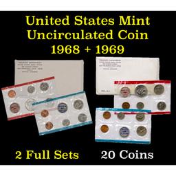 1968 & 1969 United States Mint Uncurculated Coin Sets In Original Government Packaging 20 coins