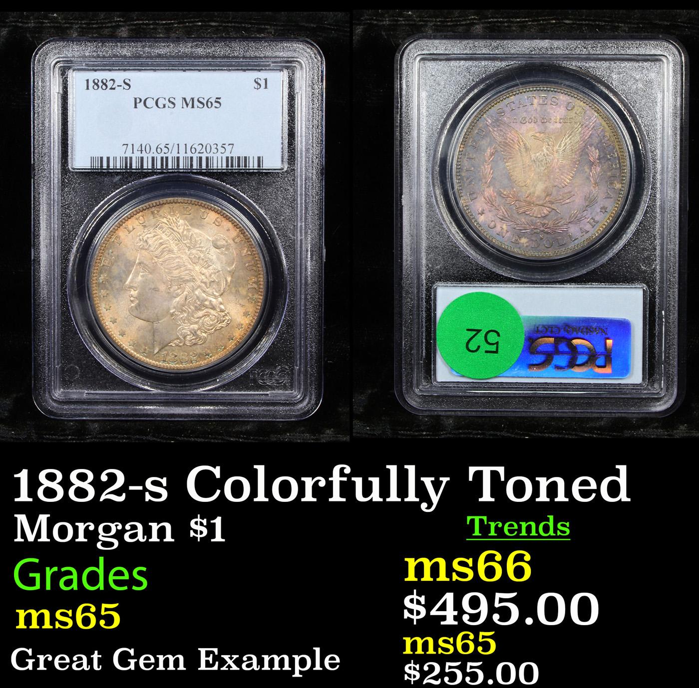 PCGS 1882-s Colorfully Toned Morgan Dollar $1 Graded ms65 By PCGS