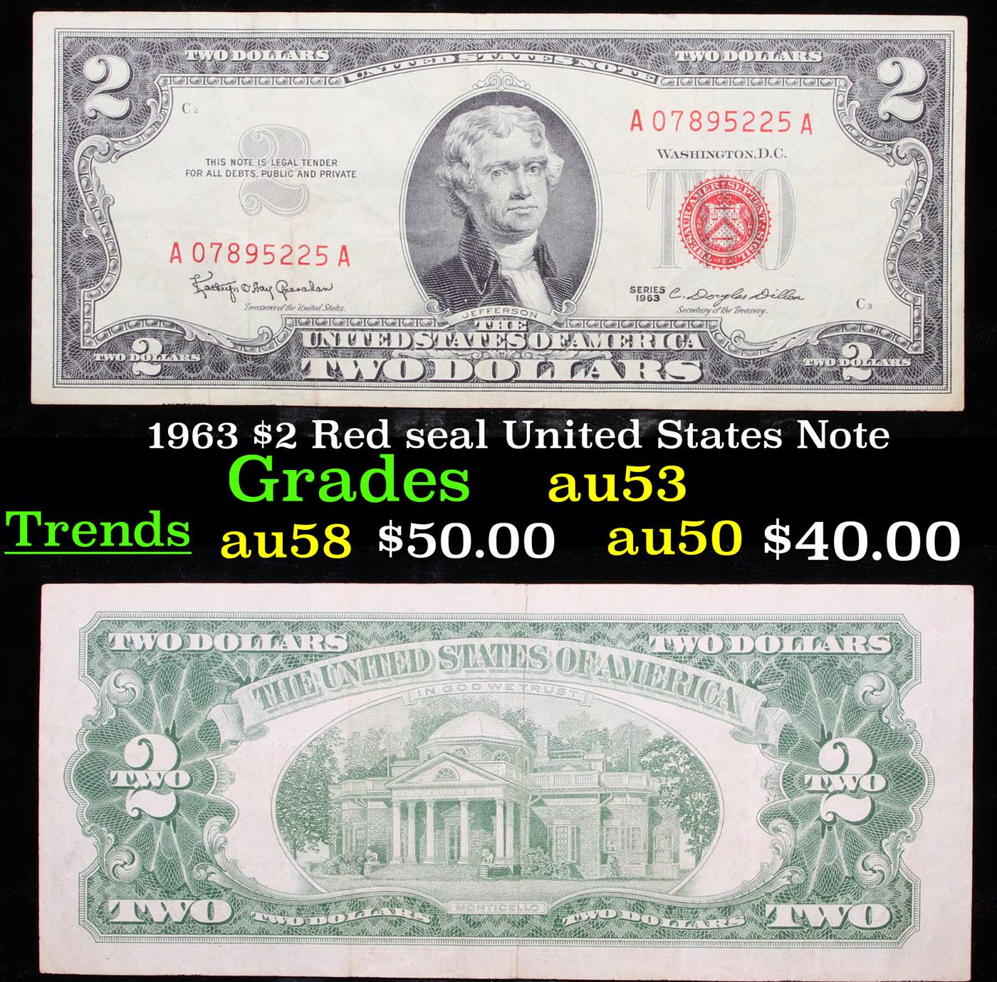 1963 $2 Red seal United States Note Select AU