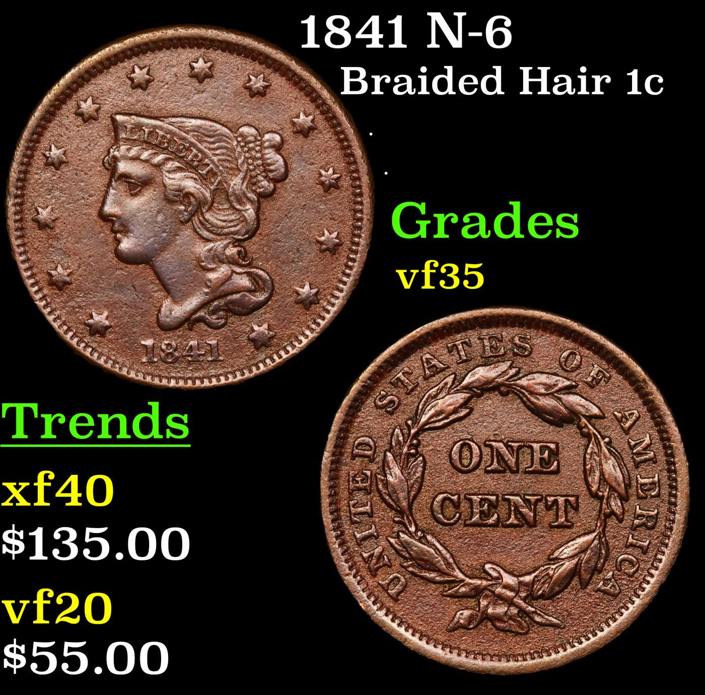 1841 N-6 Braided Hair Large Cent 1c Grades vf++