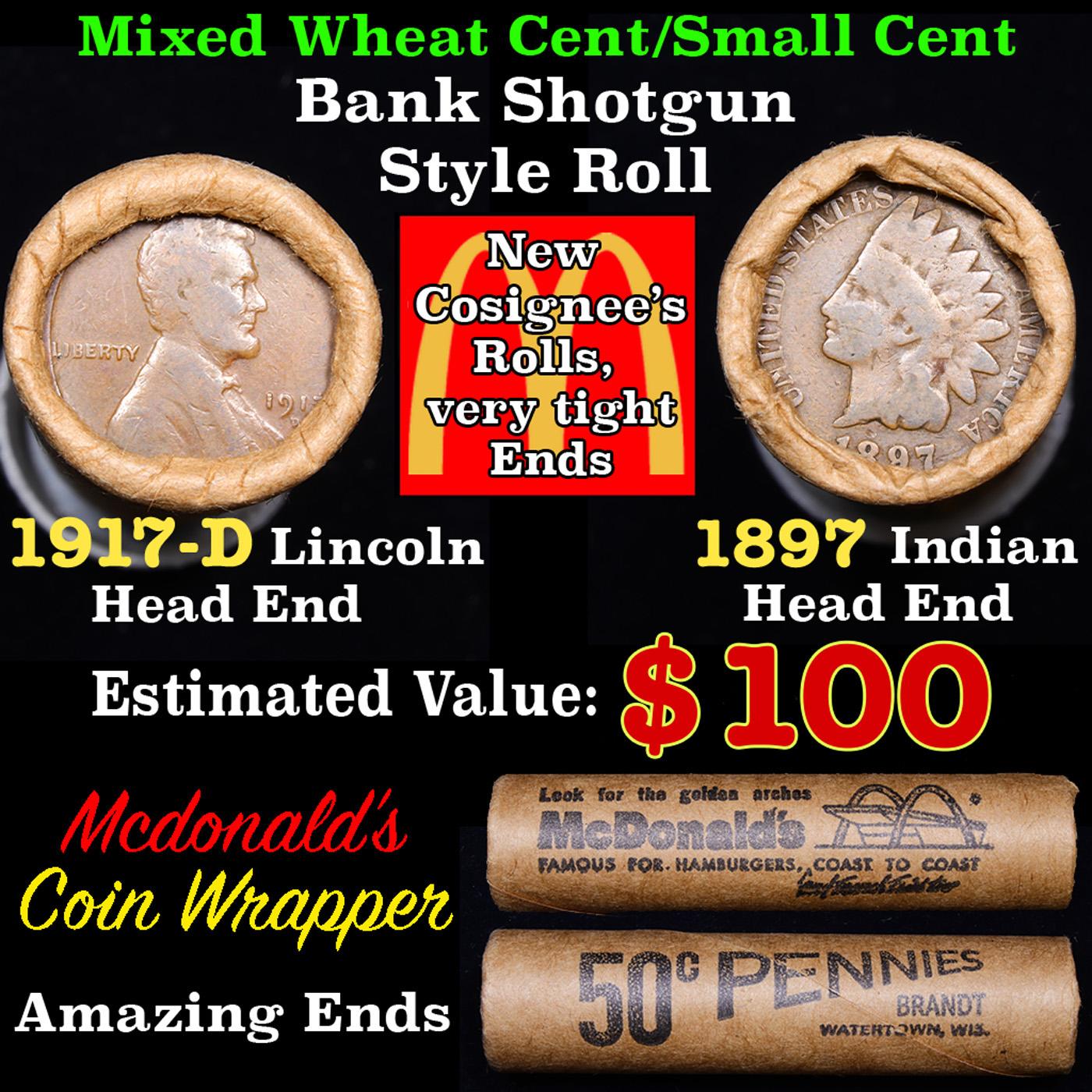 Mixed small cents 1c orig shotgun roll, 1917-d Wheat Cent, 1897 Indian cent other end, McDonalds Wra