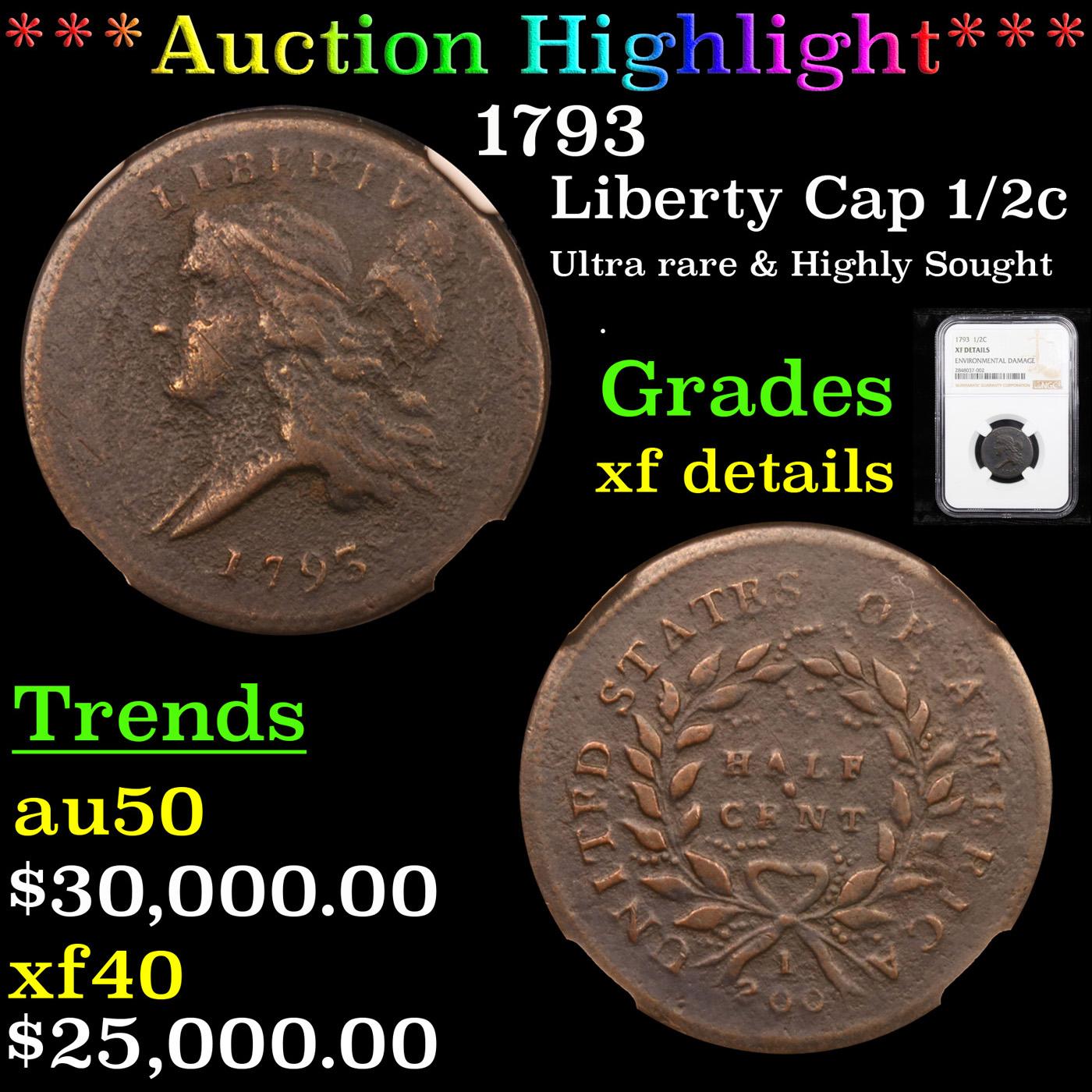 ***Auction Highlight*** NGC 1793 Liberty Cap half cent 1/2c Graded xf details By NGC (fc)
