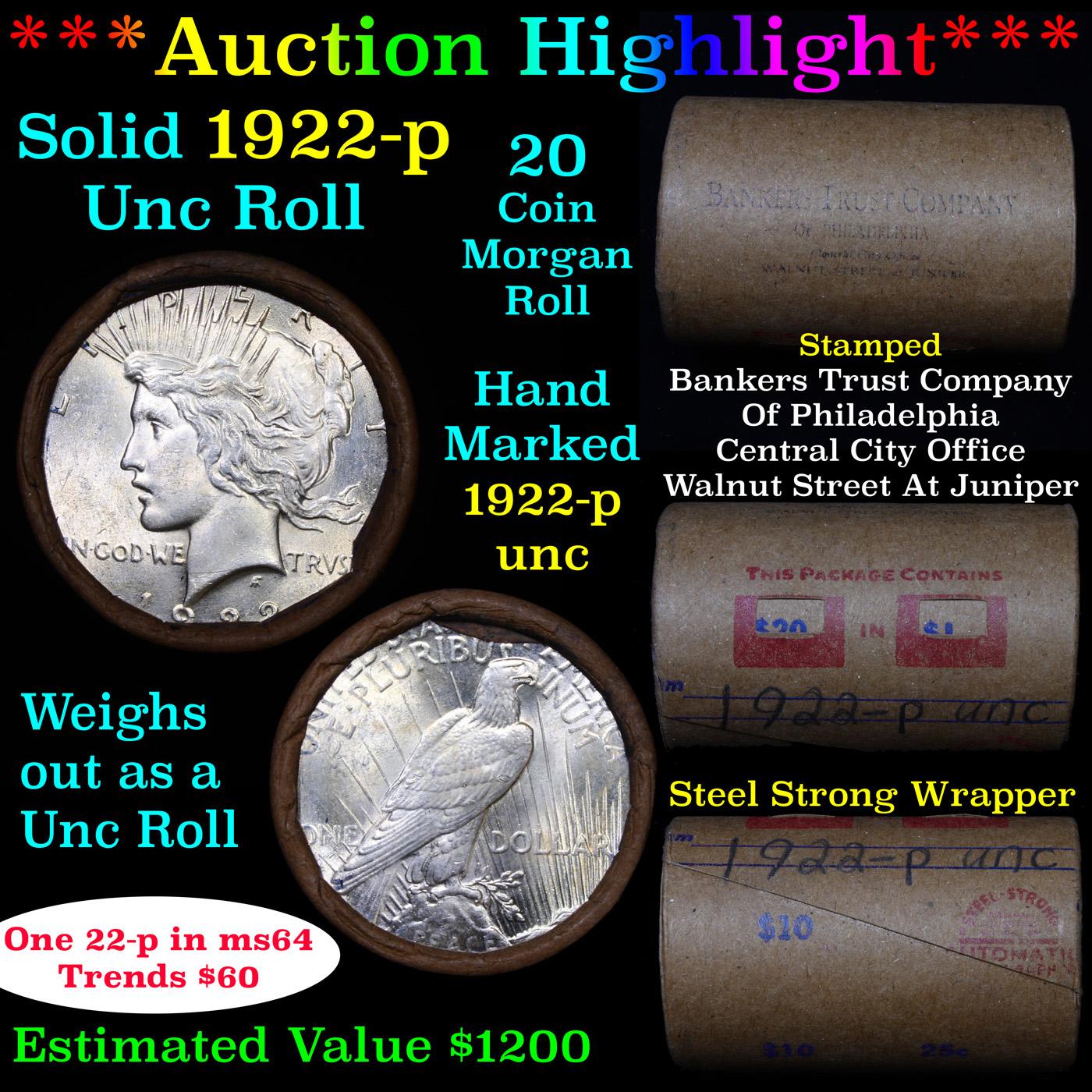 ***Auction Highlight*** 1922-p Uncirculated Peace Dollar Shotgun Roll (fc)