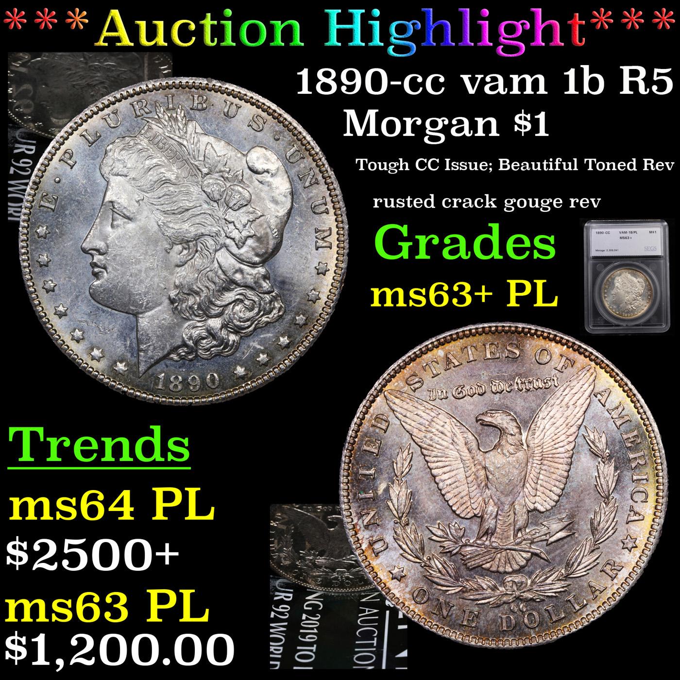 ***Auction Highlight*** 1890-cc vam 1b R5 Morgan Dollar $1 Graded ms63+ PL By SEGS (fc)