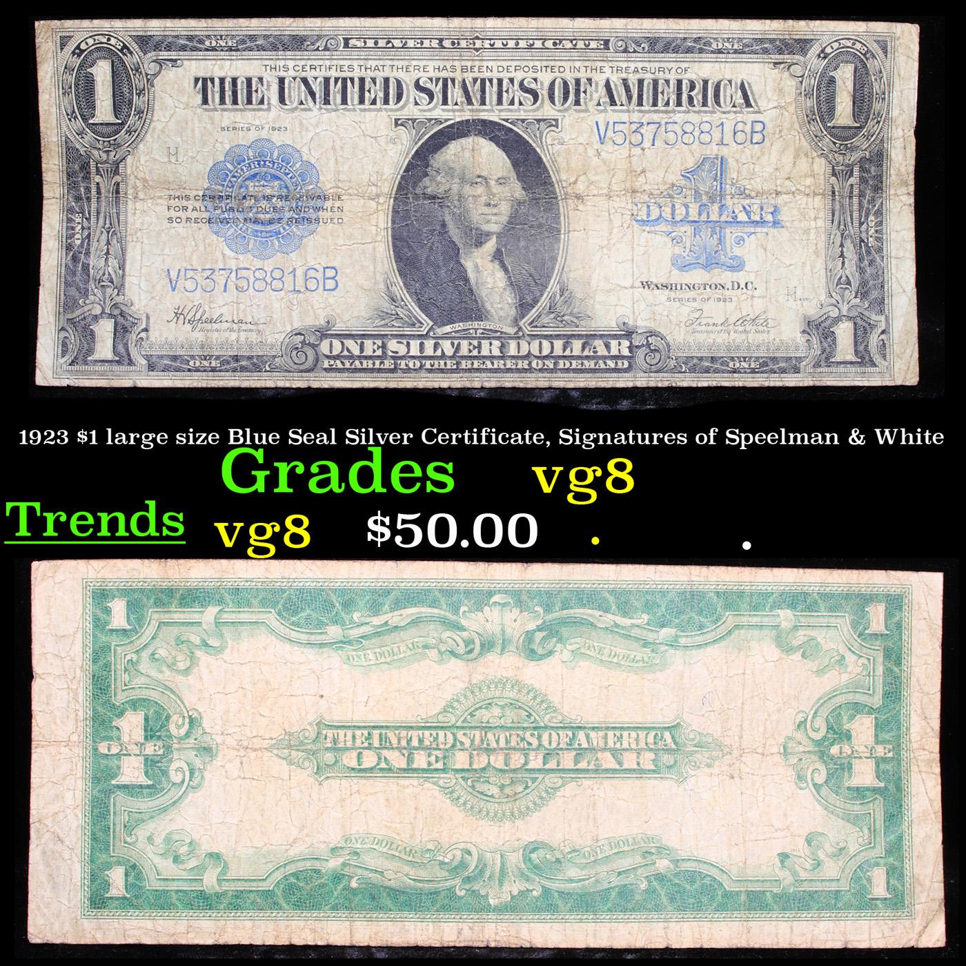 1923 $1 large size Blue Seal Silver Certificate, Signatures of Speelman & White Grades vg, very good