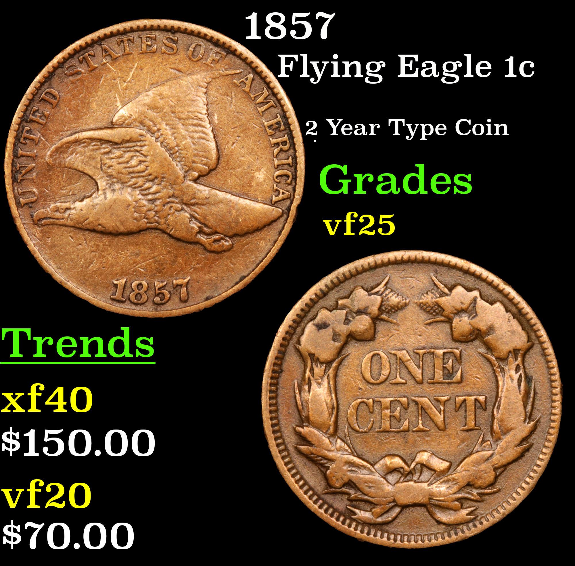 1857 Flying Eagle Cent 1c Grades vf+