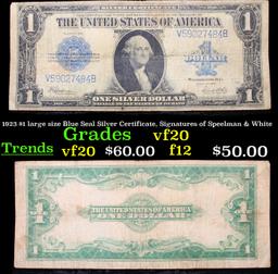 1923 $1 large size Blue Seal Silver Certificate, Signatures of Speelman & White Grades vf, very fine