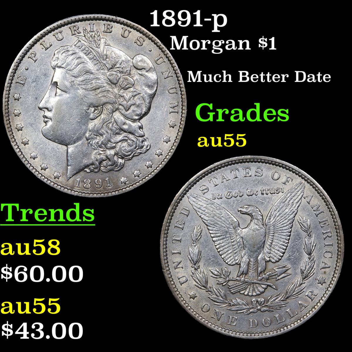 1891-p Morgan Dollar $1 Grades Choice AU