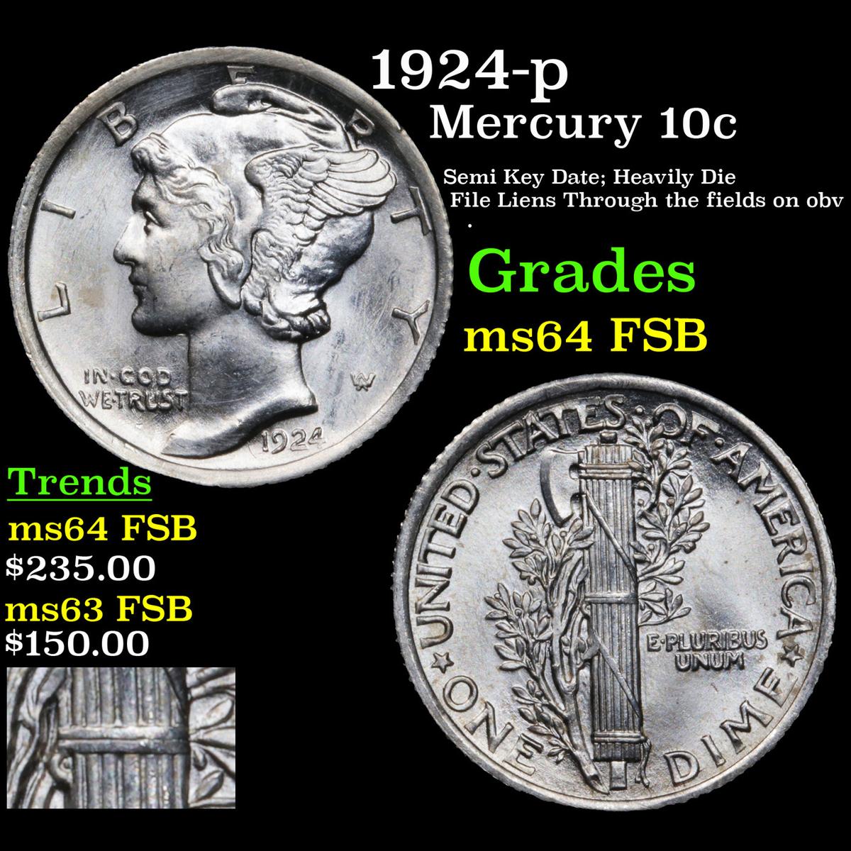 1924-p Mercury Dime 10c Graded ms64 FSB