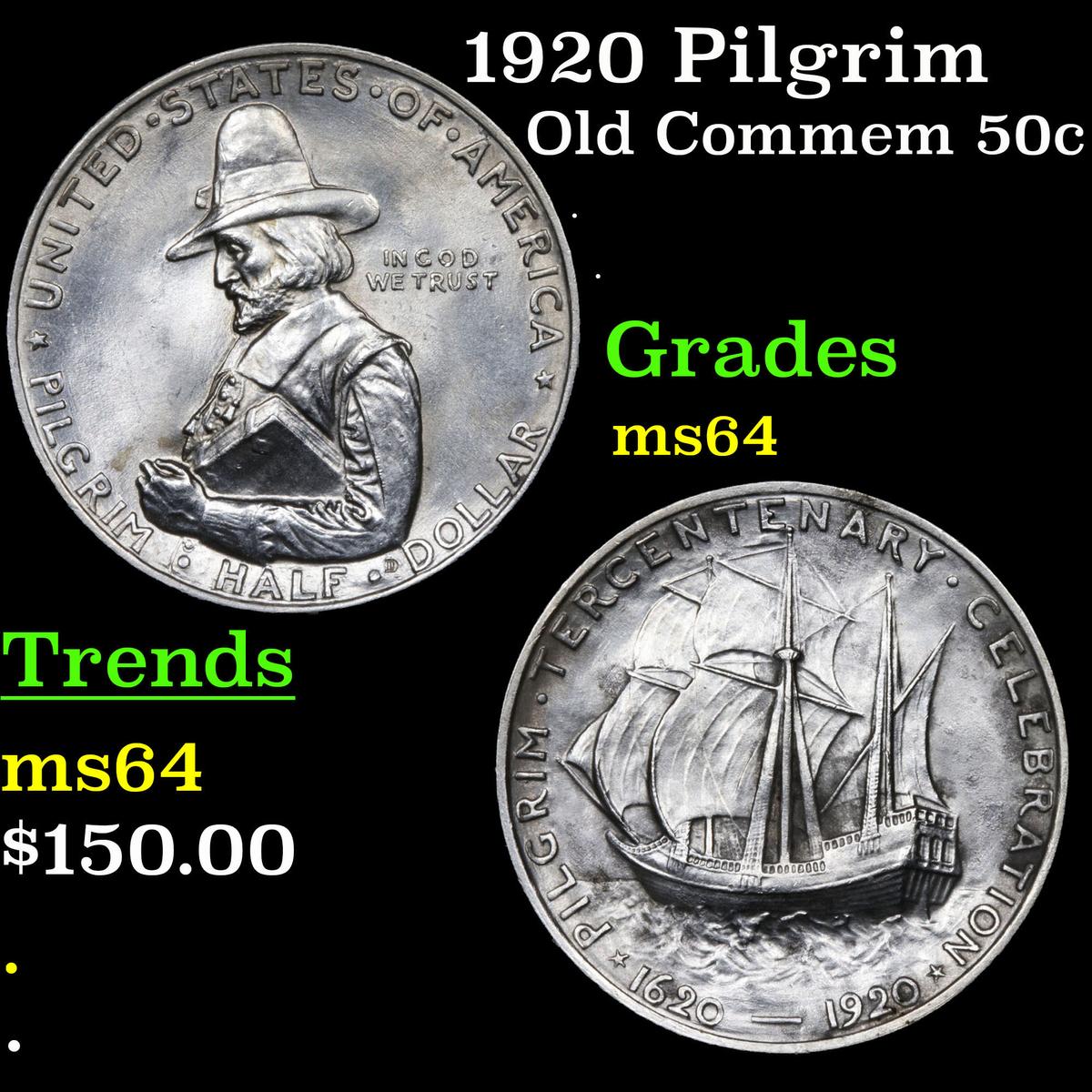 1920 Pilgrim Old Commem Half Dollar 50c Grades Choice Unc
