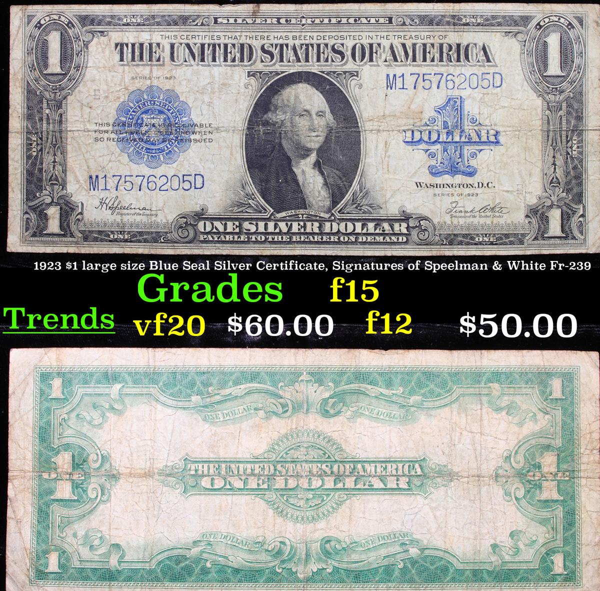 1923 $1 large size Blue Seal Silver Certificate, Signatures of Speelman & White Fr-239 Grades f+