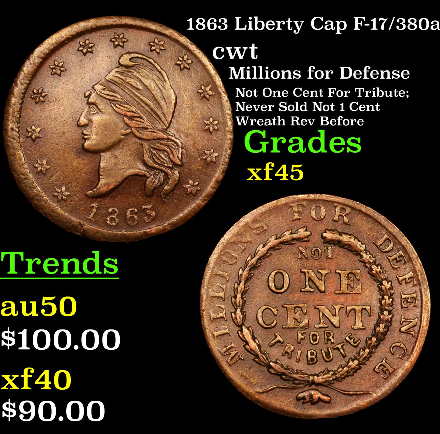 1863 Liberty Cap F-17/380a Civil War Token 1c Grades xf+