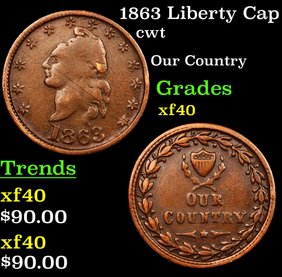 1863 Liberty Cap Civil War Token 1c Grades xf