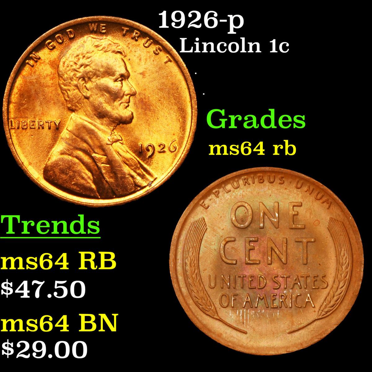 1926-p Lincoln Cent 1c Grades Choice Unc RB