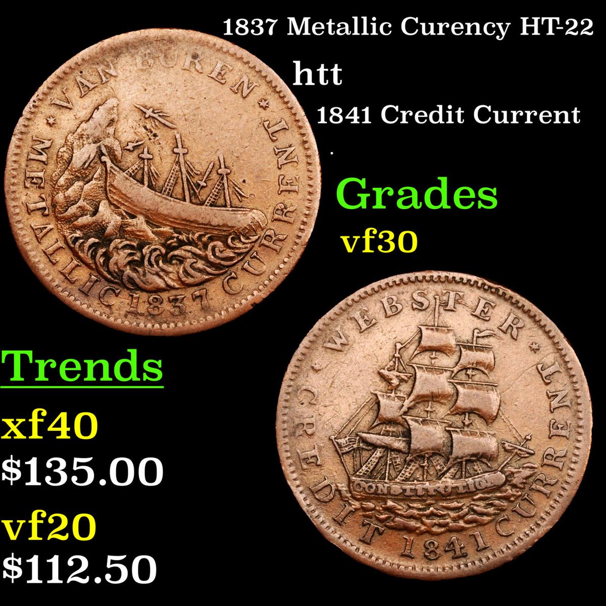 1837 Metallic Curency HT-22 Hard Times Token 1c Grades vf++