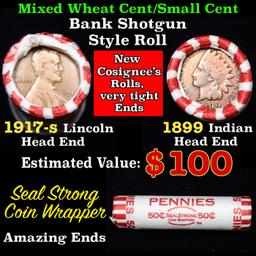 Mixed small cents 1c orig shotgun roll, 1917-s Wheat Cent, 1899 Indian cent other end, Seal Strong W