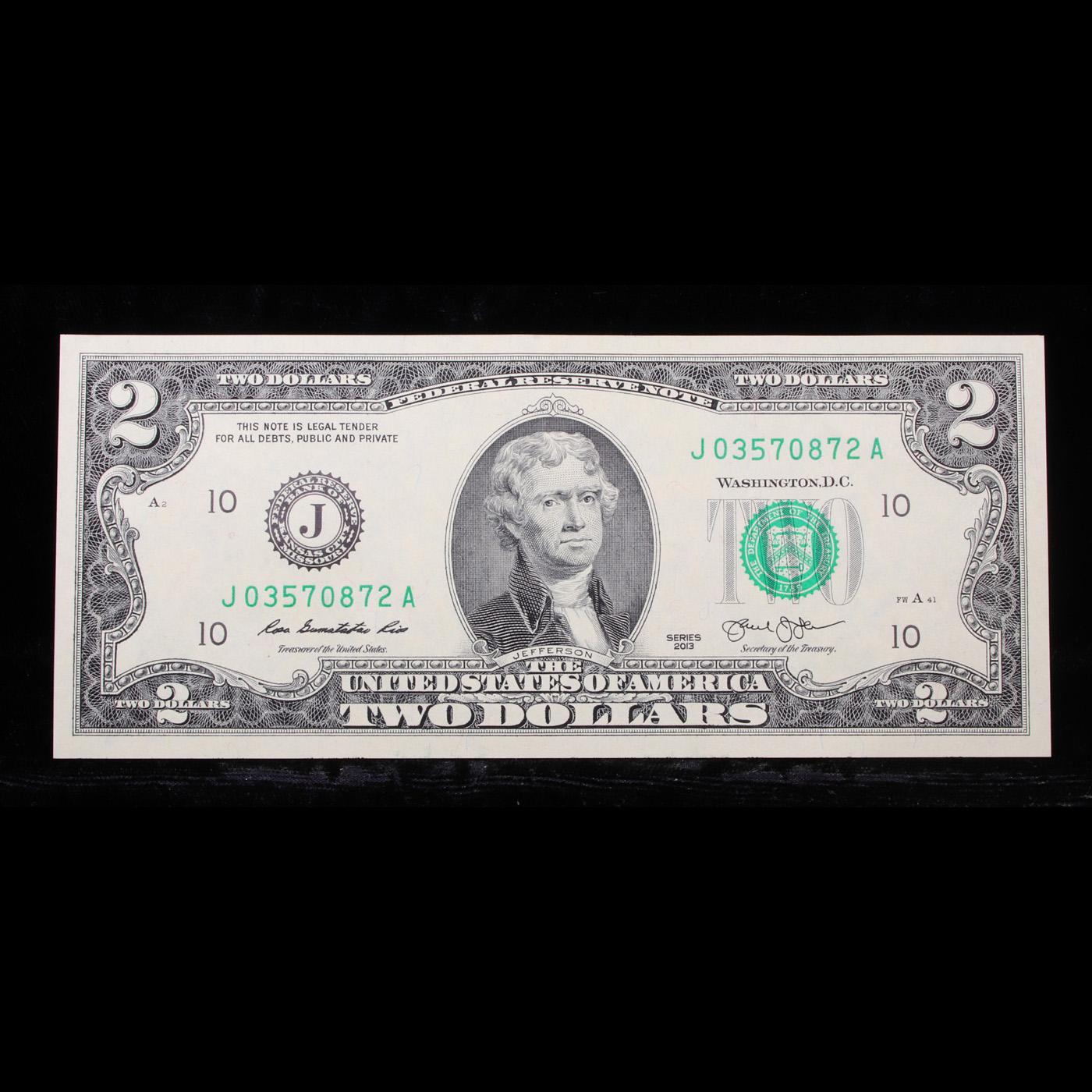 2013 $2 Green Seal Federal Reseve Note (Kansas City, MI) Grades Gem++ CU