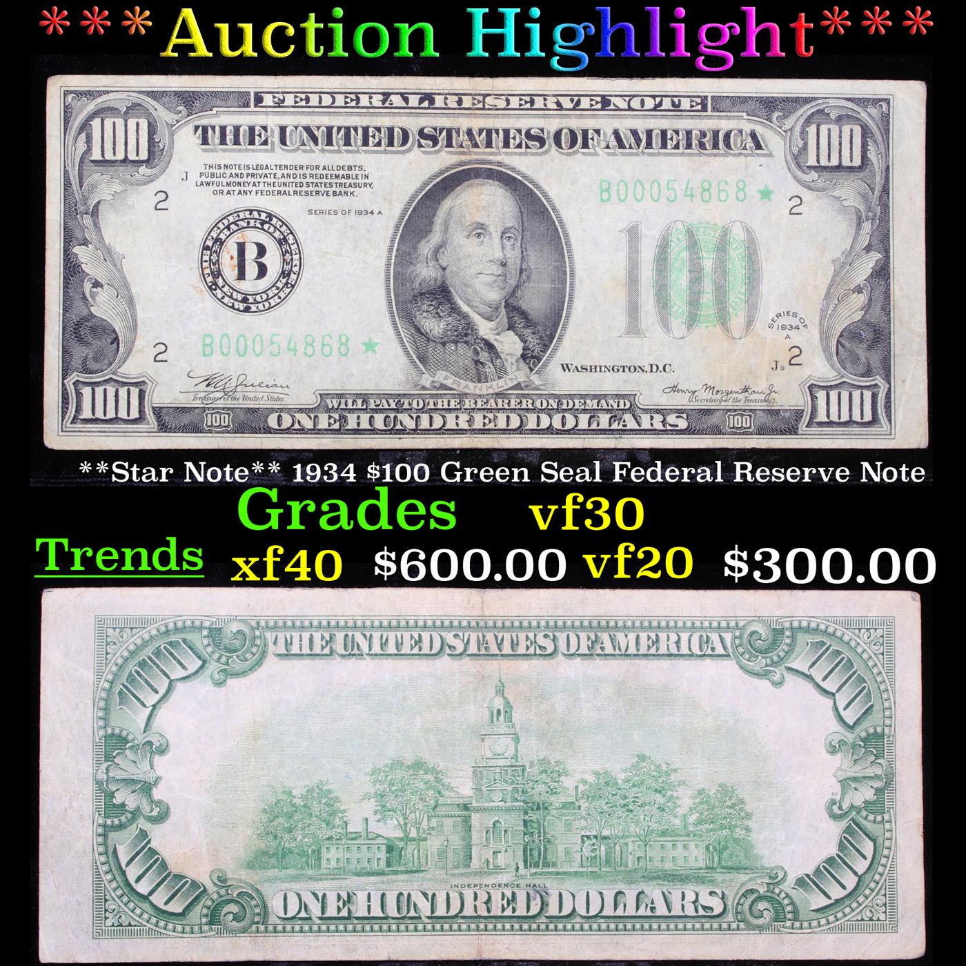 ***Auction Highlight*** **Star Note** 1934 $100 Green Seal Federal Reserve Note Grades vf++ (fc)