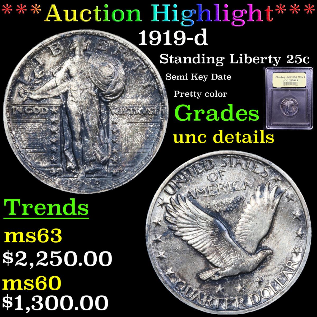 ***Auction Highlight*** 1919-d Standing Liberty Quarter 25c Graded Unc Details By USCG (fc)