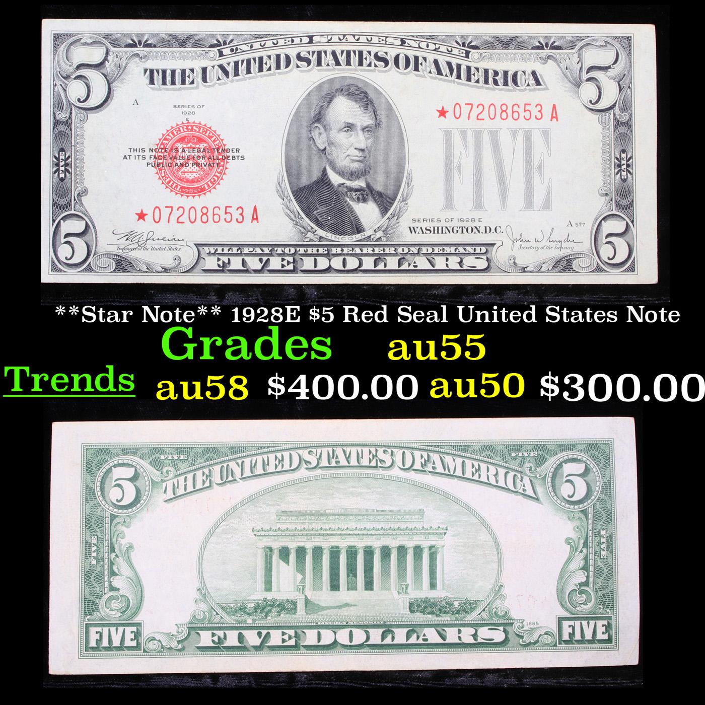 **Star Note** 1928E $5 Red Seal United States Note Grades Choice AU