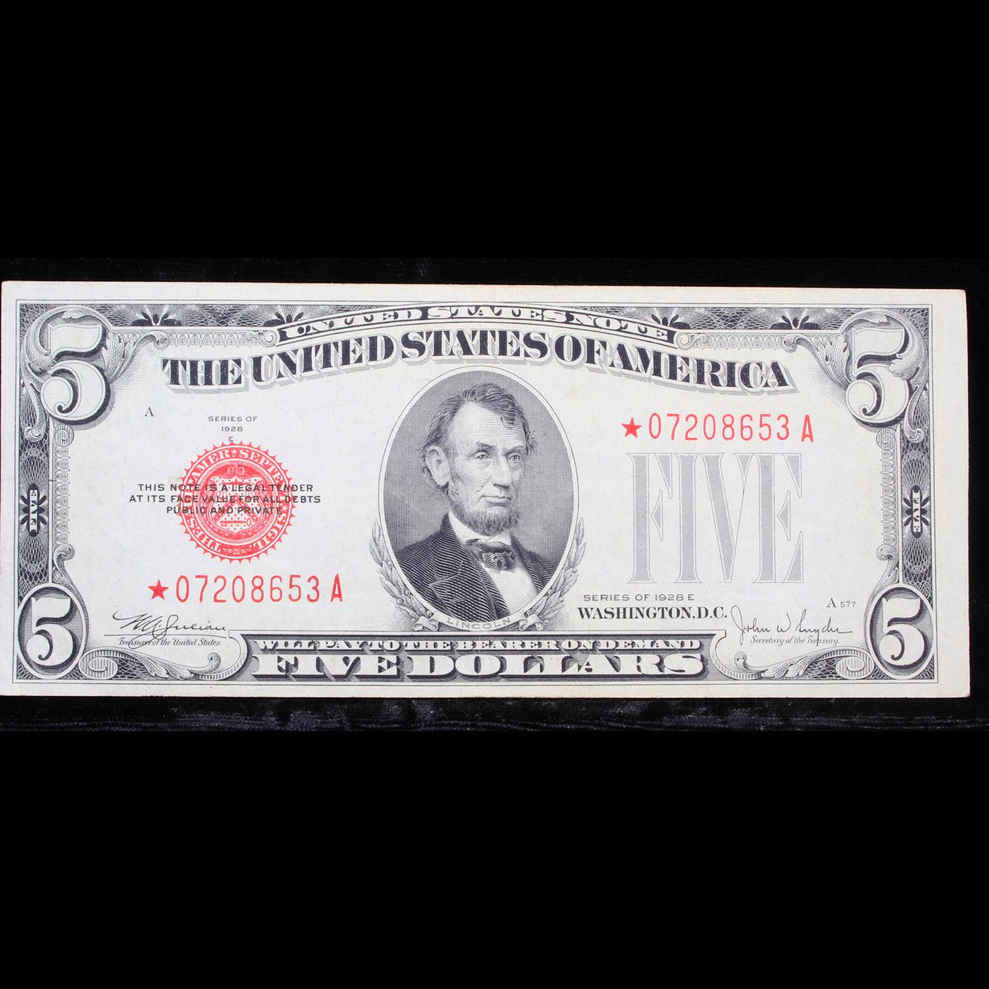 **Star Note** 1928E $5 Red Seal United States Note Grades Choice AU
