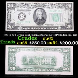 1934b $20 Green Seal Federal Resrve Note (Philadelphia, PA) Grades Gem CU