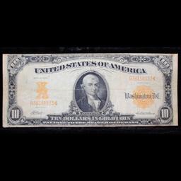 1907 $10 Gold Certificate Large Size Rare Fr-1169 Rare Signatues Napier, McClung Grades vf+