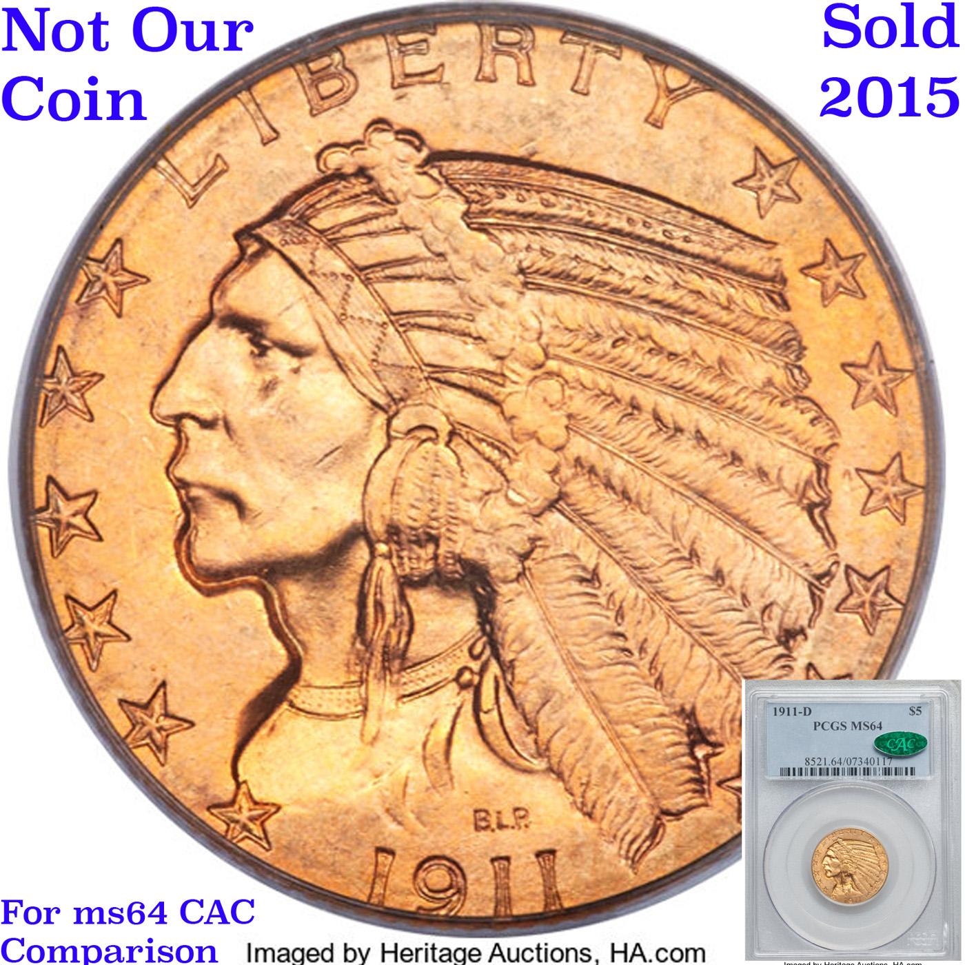 *HIGHLIGHT OF ENTIRE AUCTION* 1911-d Gold Indian Half Eagle $5 Graded ms63+ By SEGS (fc)