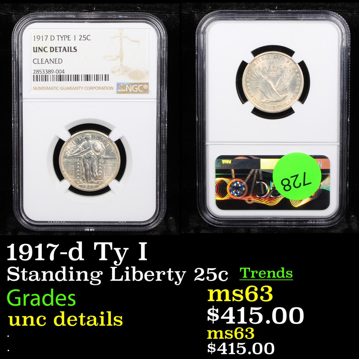 NGC 1917-d Ty I Standing Liberty Quarter 25c Graded unc details By NGC