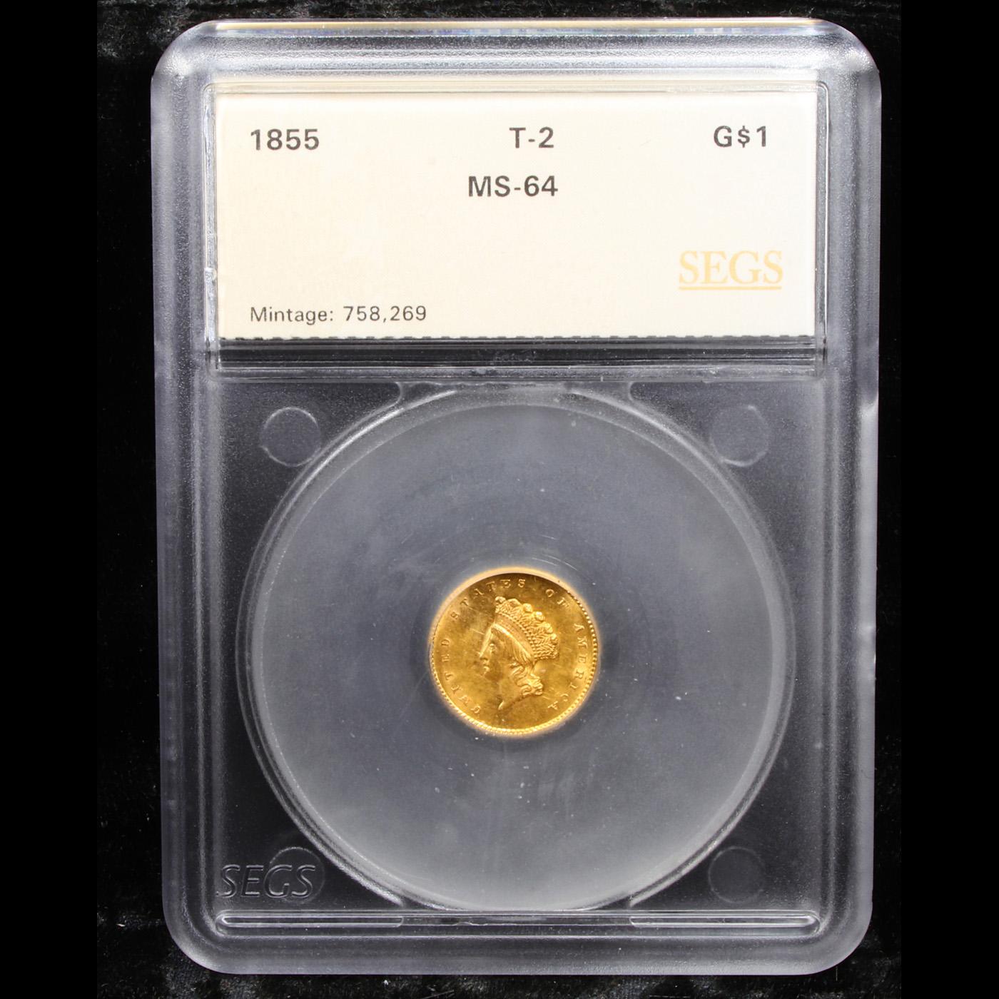 ***Auction Highlight*** 1855-p TY 2 Gold Dollar $1 Graded ms64 By SEGS (fc)