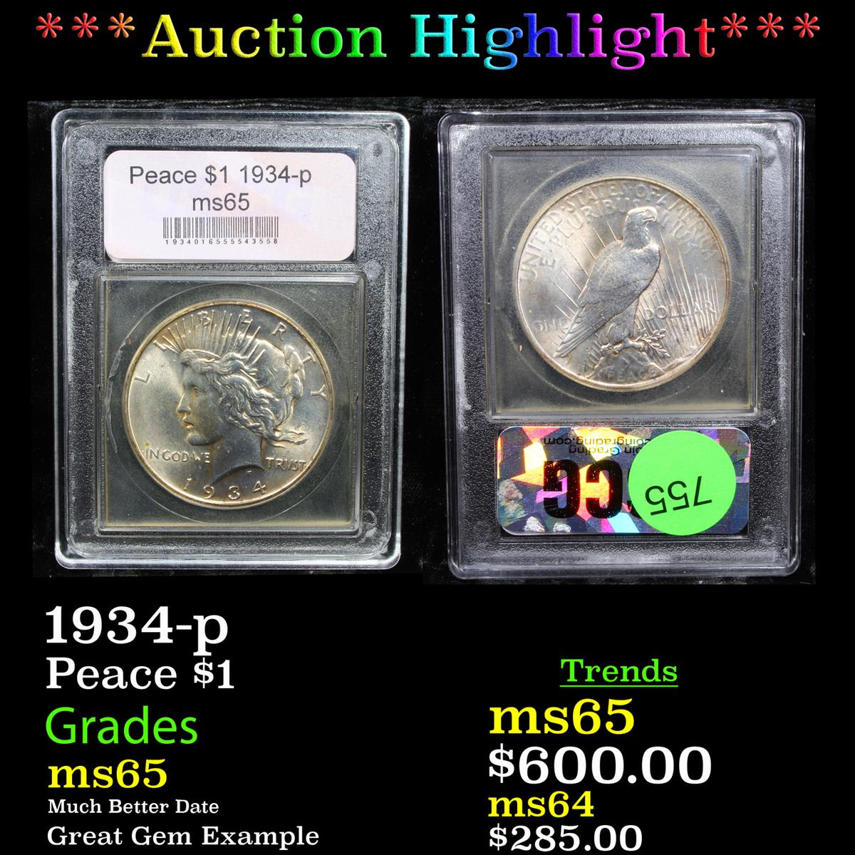 ***Auction Highlight*** 1934-p Peace Dollar $1 Graded GEM Unc By USCG (fc)