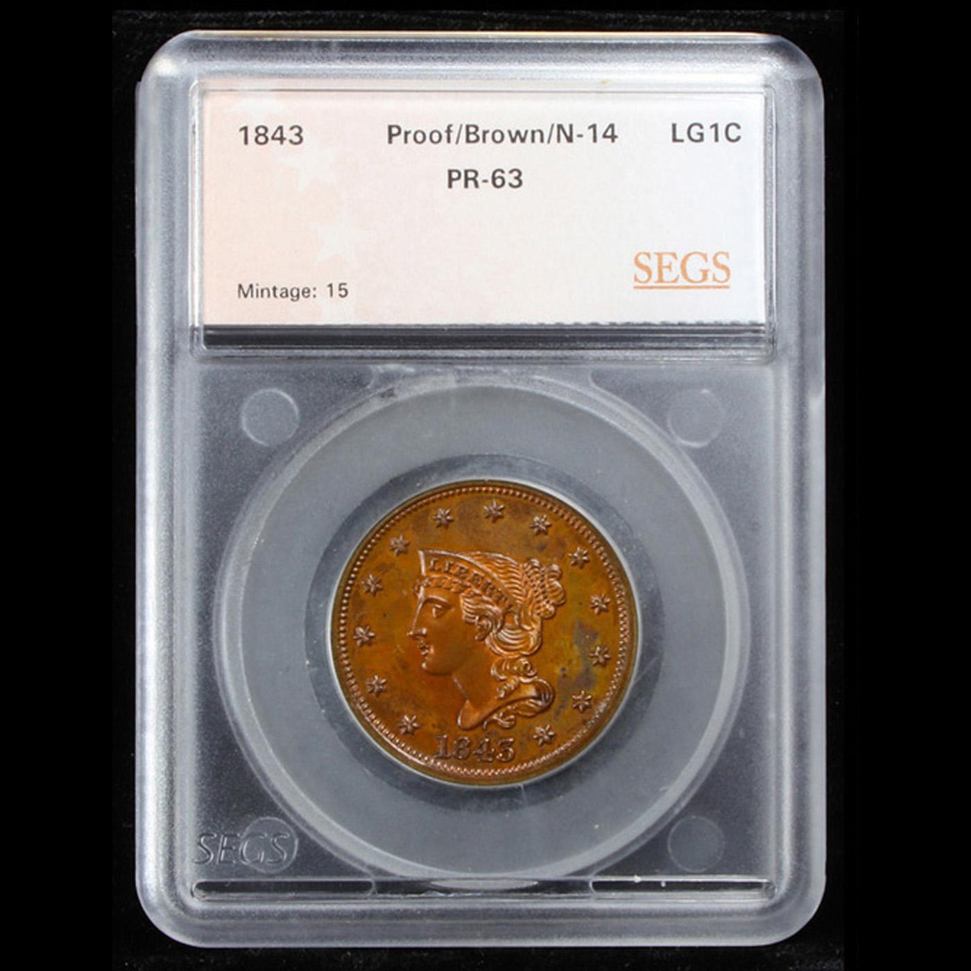 Proof ***Auction Highlight*** 1843 N-14 R-6 Braided Hair Large Cent 1c Graded pr63 bn By SEGS (fc)