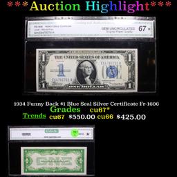 ***Auction Highlight*** 1934 Funny Back $1 Blue Seal Silver Certificate Fr-1606 Graded cu67* By CGA