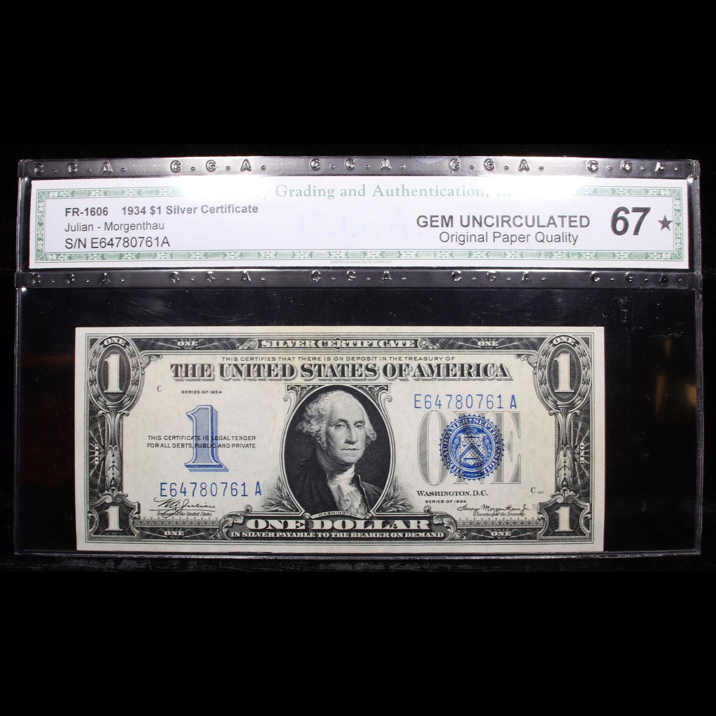 ***Auction Highlight*** 1934 Funny Back $1 Blue Seal Silver Certificate Fr-1606 Graded cu67* By CGA