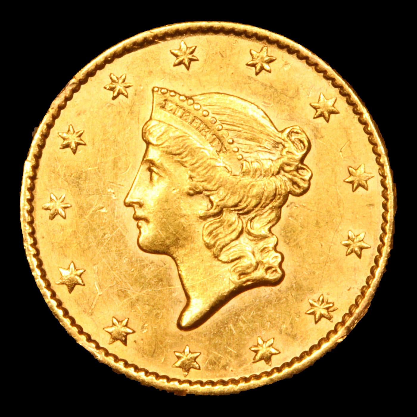 ***Auction Highlight*** 1849 Open Wreath Gold Dollar $1 Graded ms63 details By SEGS (fc)