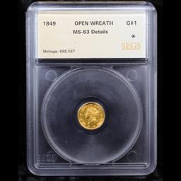 ***Auction Highlight*** 1849 Open Wreath Gold Dollar $1 Graded ms63 details By SEGS (fc)