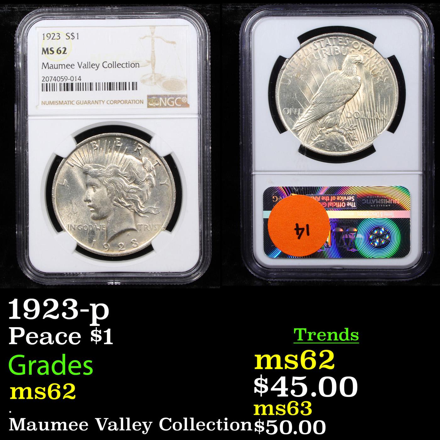 NGC 1923-p Peace Dollar $1 Graded ms62 By NGC