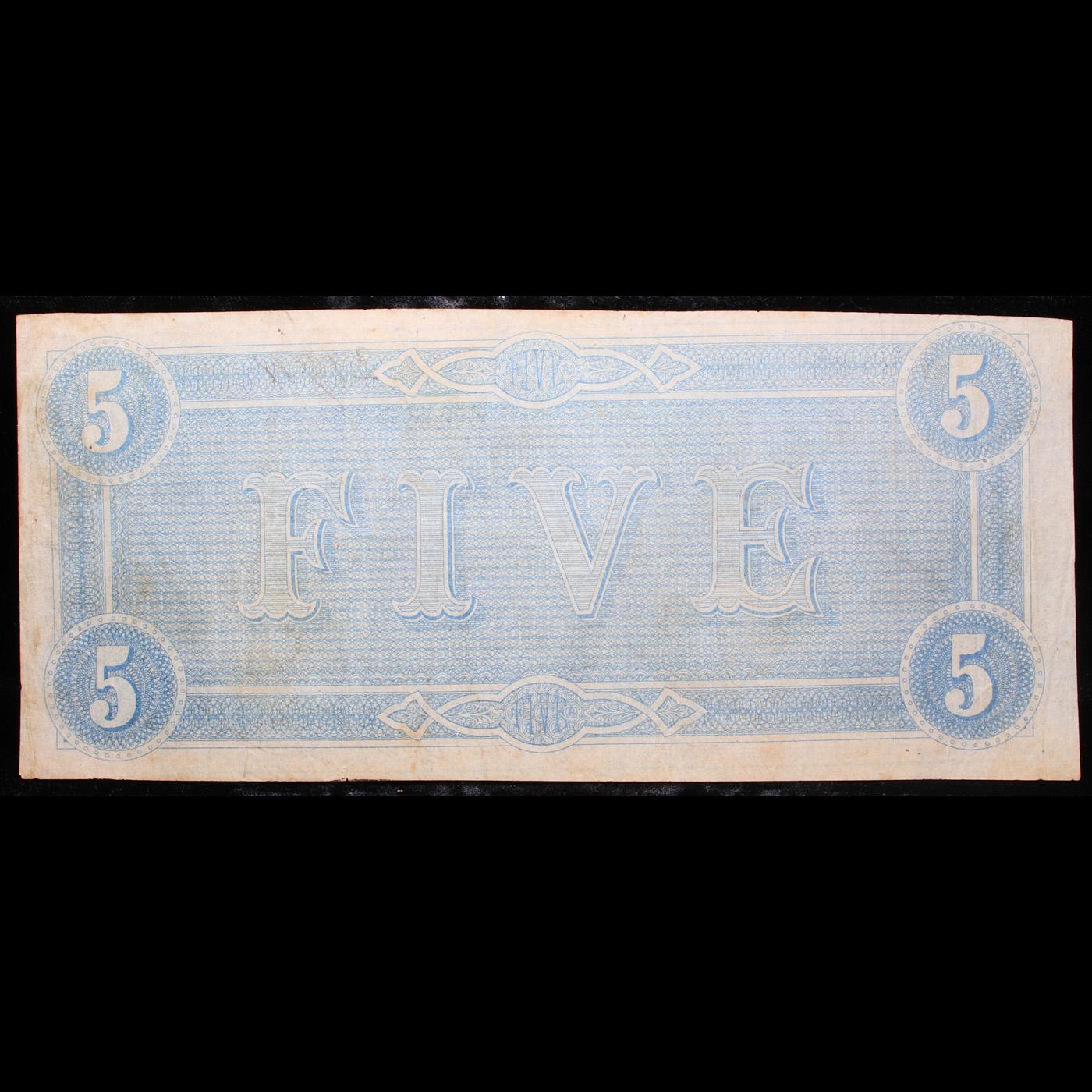 1864 $5 Confederate Note, T-69 Grades vf+