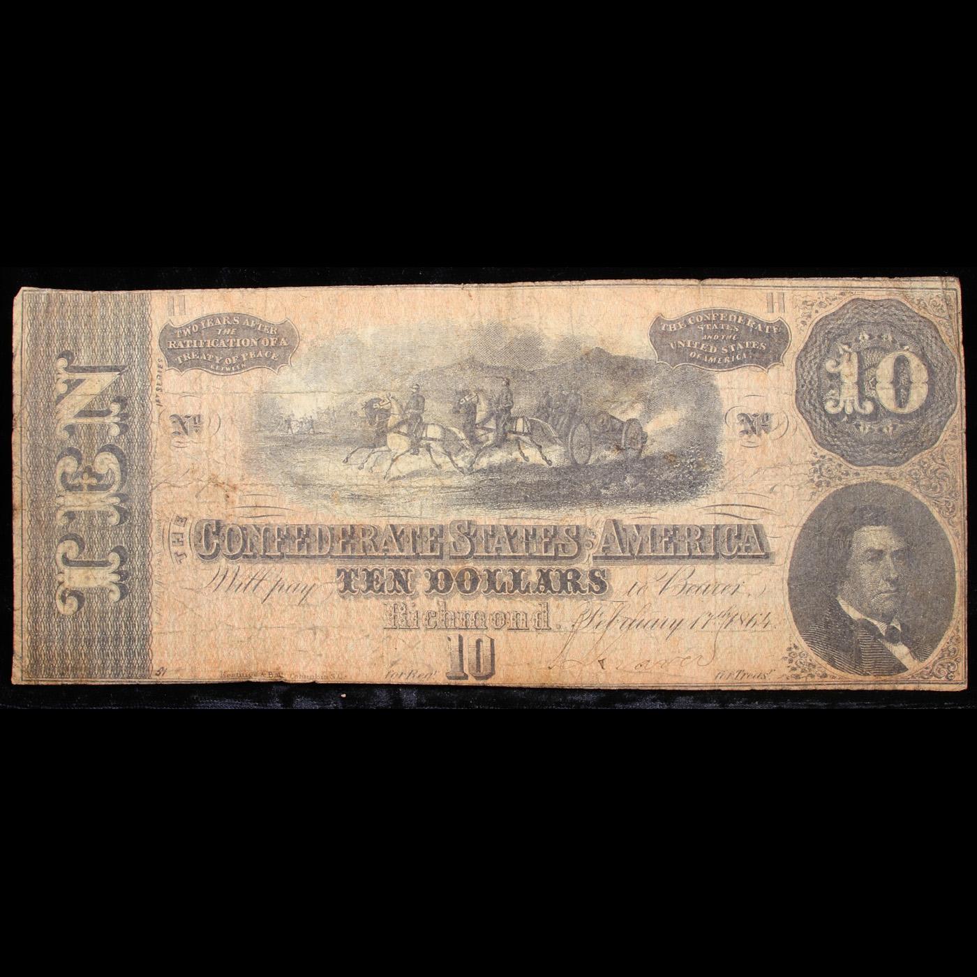 1864 $10 Confederate Note, T-68 Grades f, fine