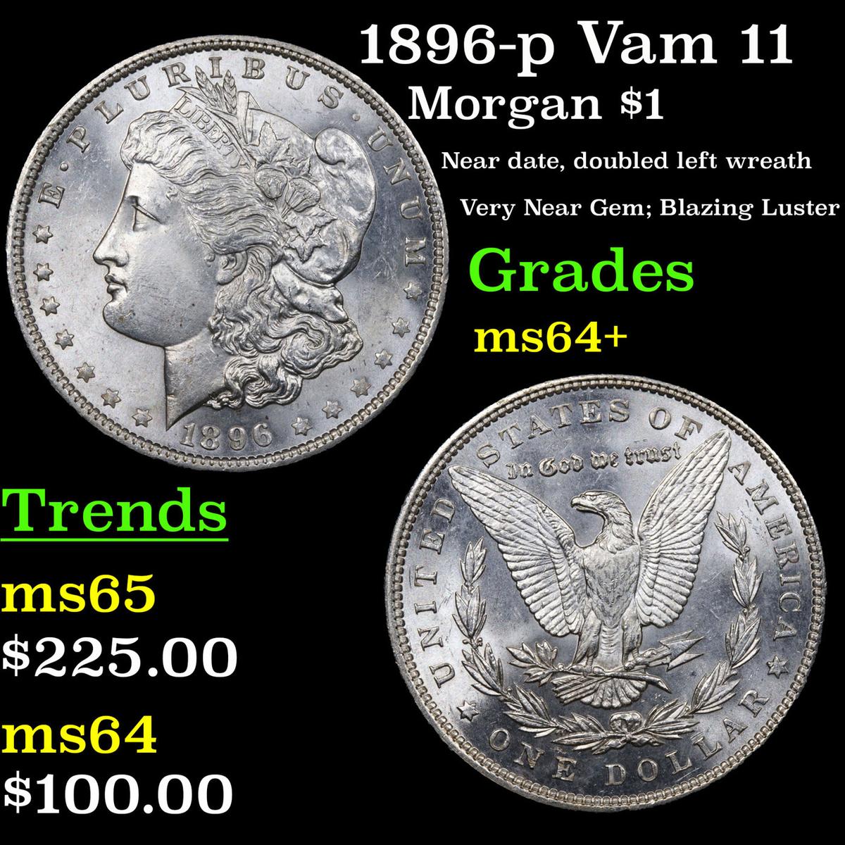 1896-p Vam 11 Morgan Dollar $1 Grades Choice+ Unc