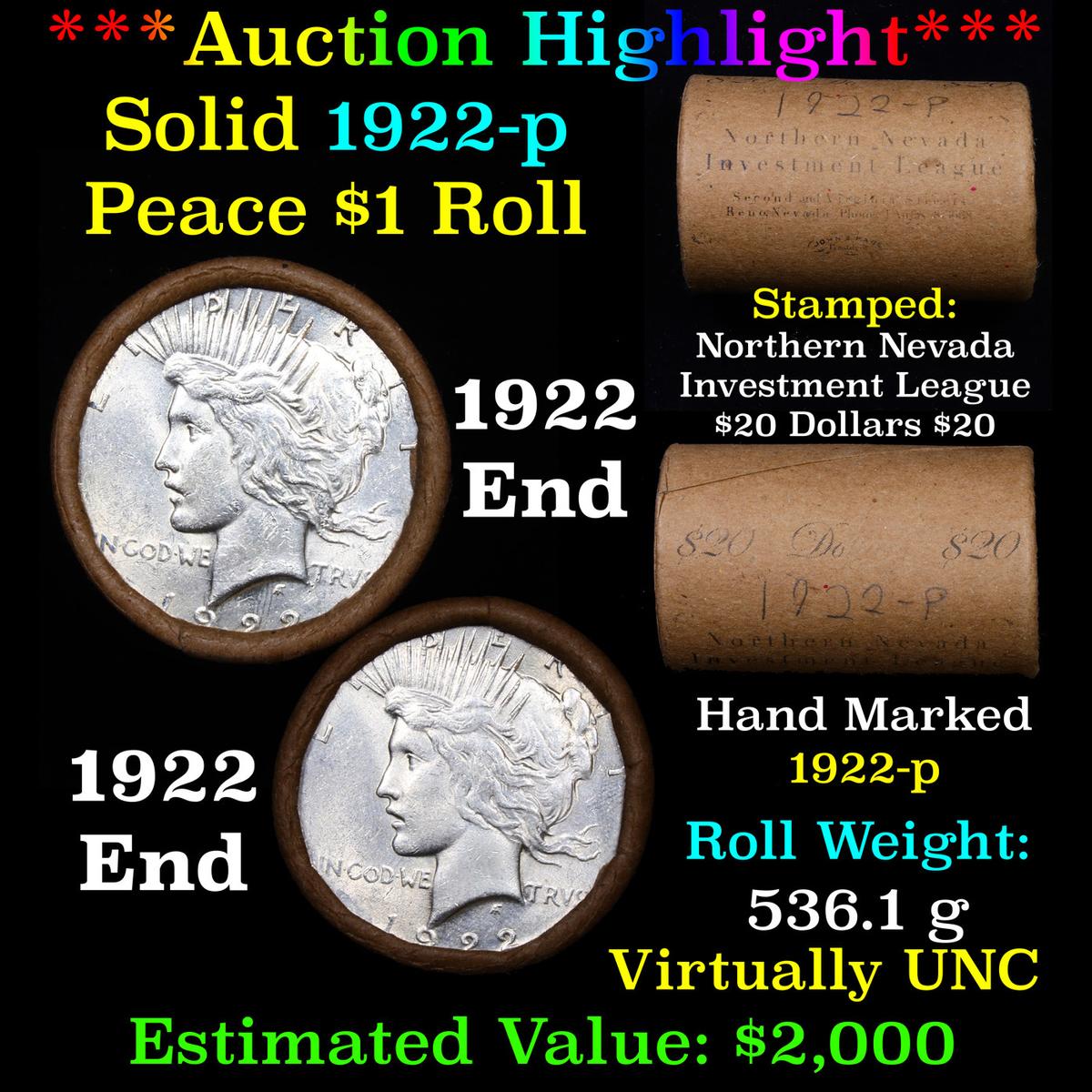 **Auction Highlight**  AU/BU Slider Rutland Shotgun Solid Date Peace $1 Roll 1922-p Virtually UNC (f