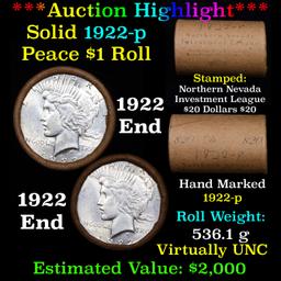 **Auction Highlight**  AU/BU Slider Rutland Shotgun Solid Date Peace $1 Roll 1922-p Virtually UNC (f