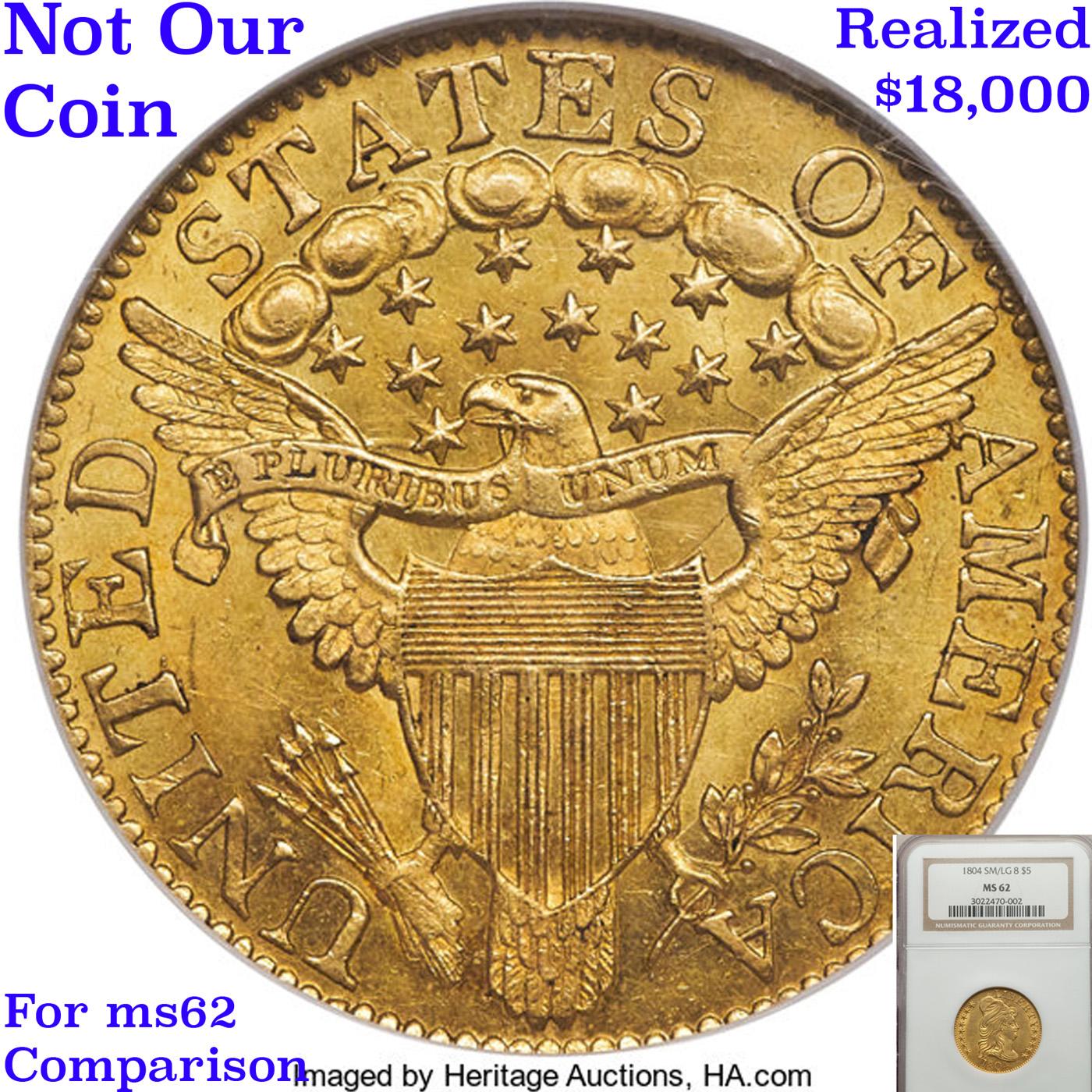 *HIGHLIGHT OF ENTIRE AUCTION* 1804 Small over Large 8 BD-7 R4 Gold Draped Bust $5 ms62 By SEGS (fc)