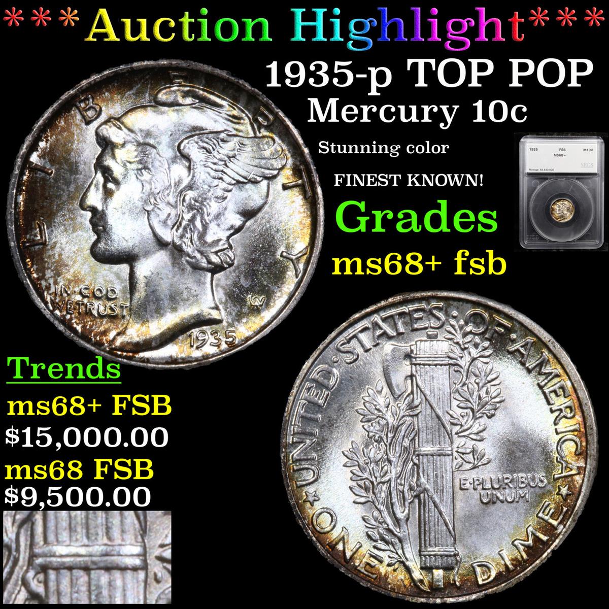 *HIGHLIGHT OF ENTIRE AUCTION***  1935-p TOP POP Mercury Dime 10c Graded ms68+ fsb By SEGS (fc)